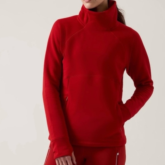 Athleta Red Pullover Funnel Neck Sweatshirt Polartec Stretch Thumbholes - Picture 1 of 7